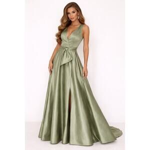 House of Jovelle Evening Gown Dress M-L Sage Lace Satin A Line Elegant NWT